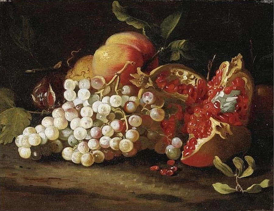 Natura morta con uva, melagrana e pesche